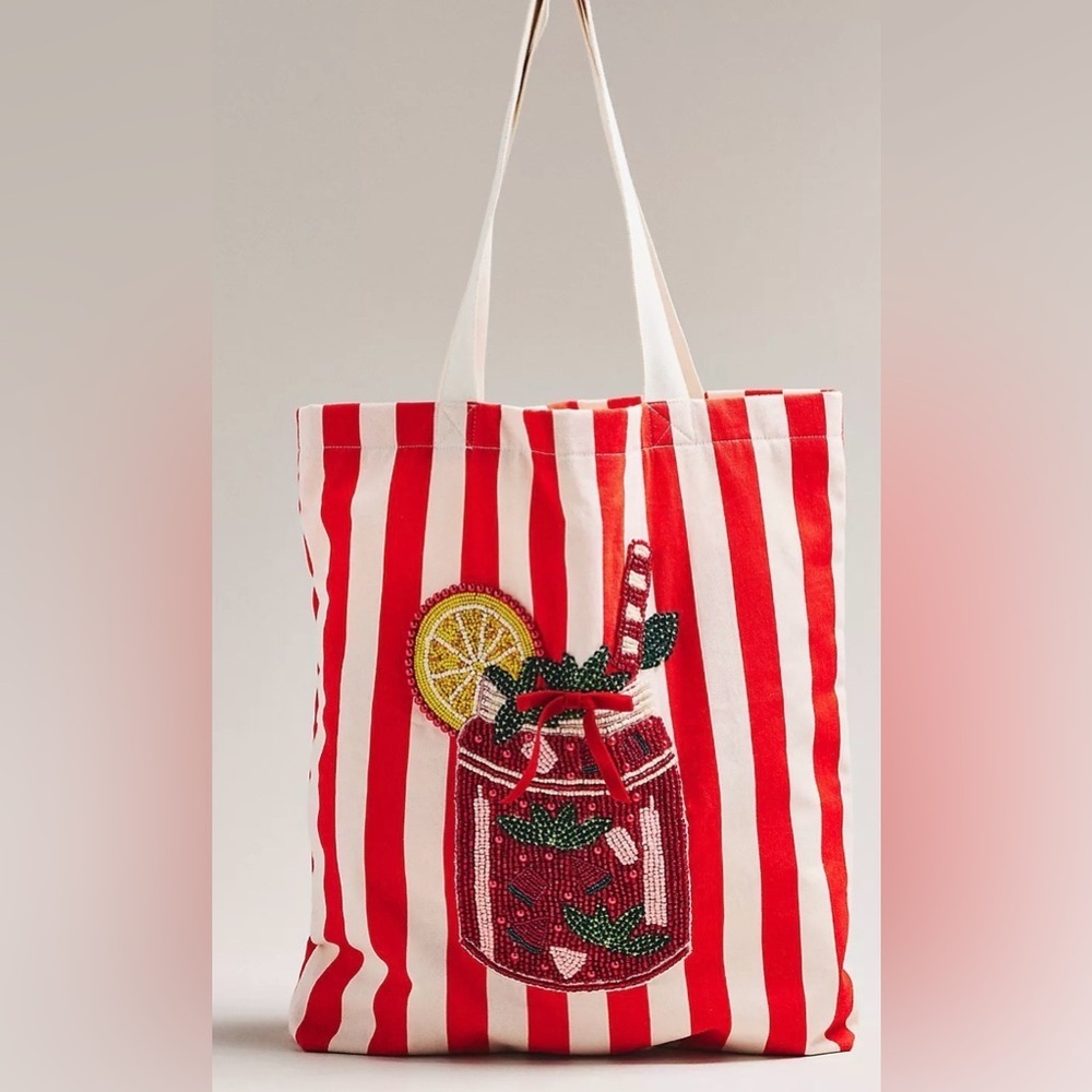 Anthropologie Red White Printed Beaded Canvas Tote Bag